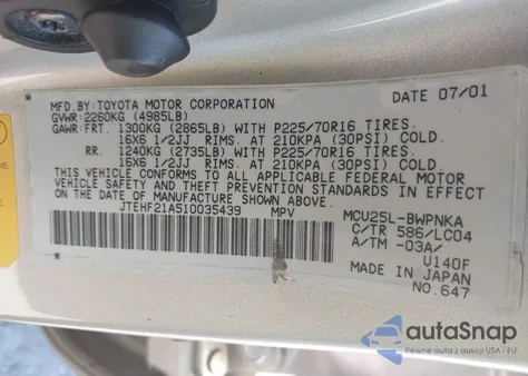 2001 Toyota Highlander из США, поврежденный, VIN JTEHF21A510035439